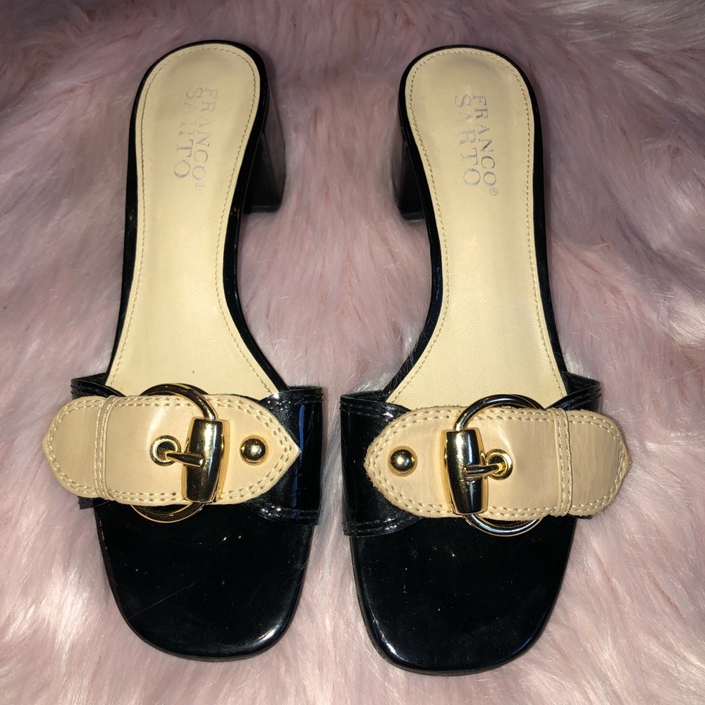 Franco Sarto patent leather buckle heels